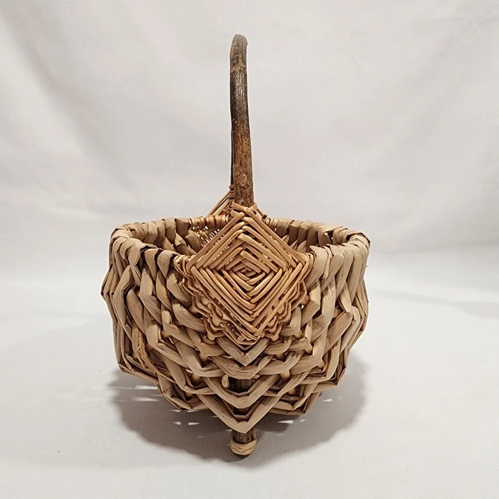 Handcrafted Eye of God Rustic Woven Footed Basket Natural Fiber Branch 9.5in